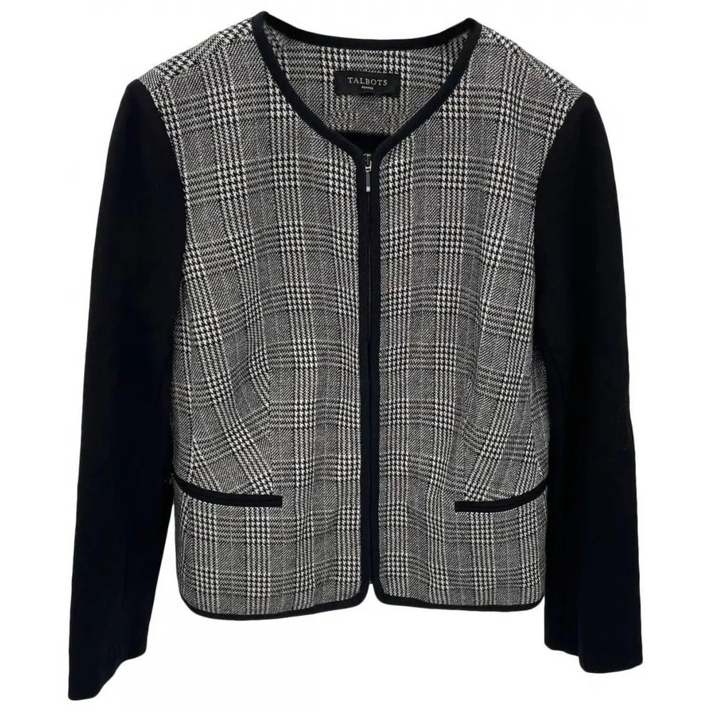 Talbots Black White Glen Plaid Zip Front Mixed Media Jacket Womens Size 8